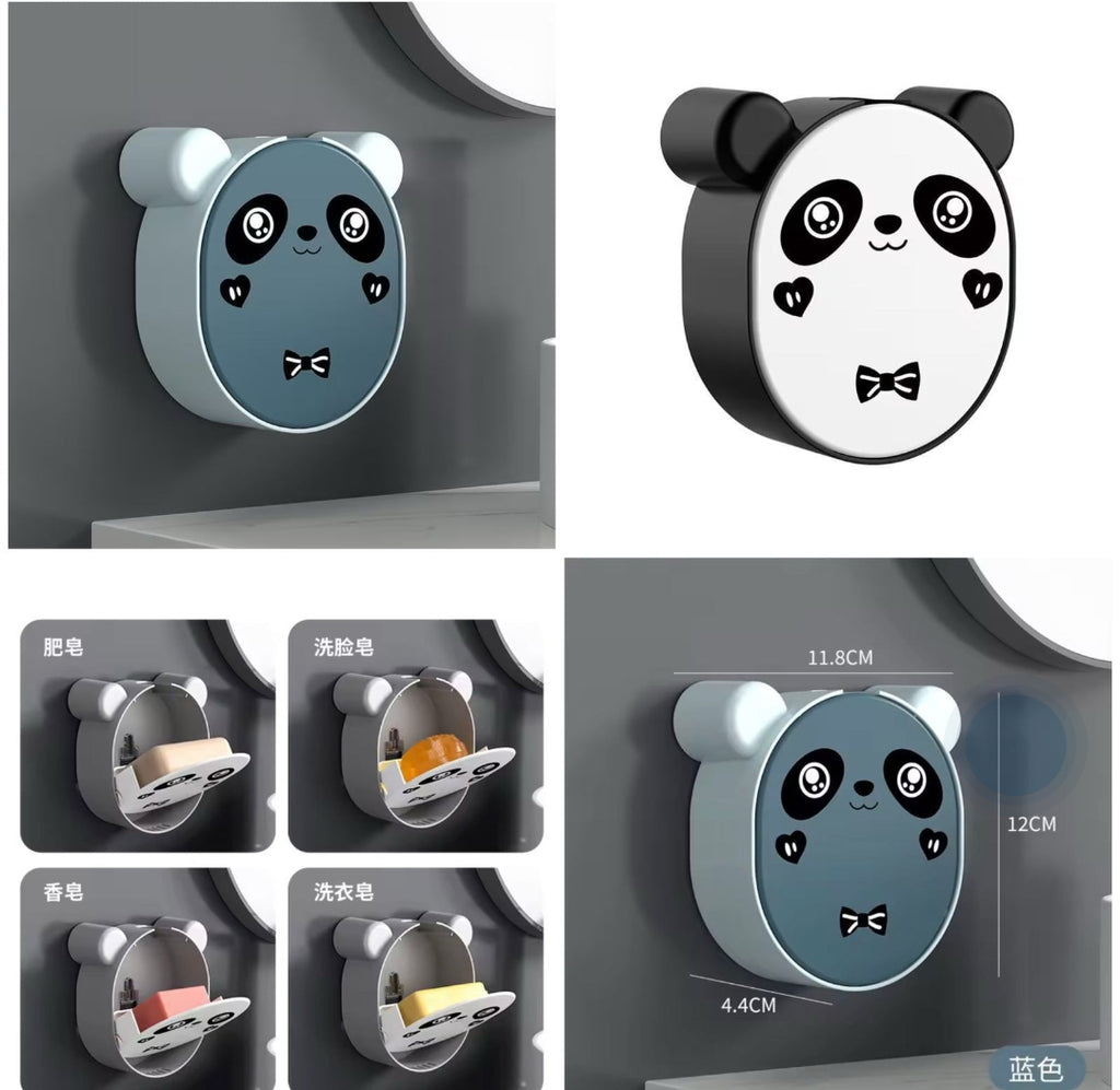 Wall Mounted Cute Panda Soap Dish Holder  – Punch-Free Plastic Soap Box Rack for Bathroom & Kitchen Storage (Random color)