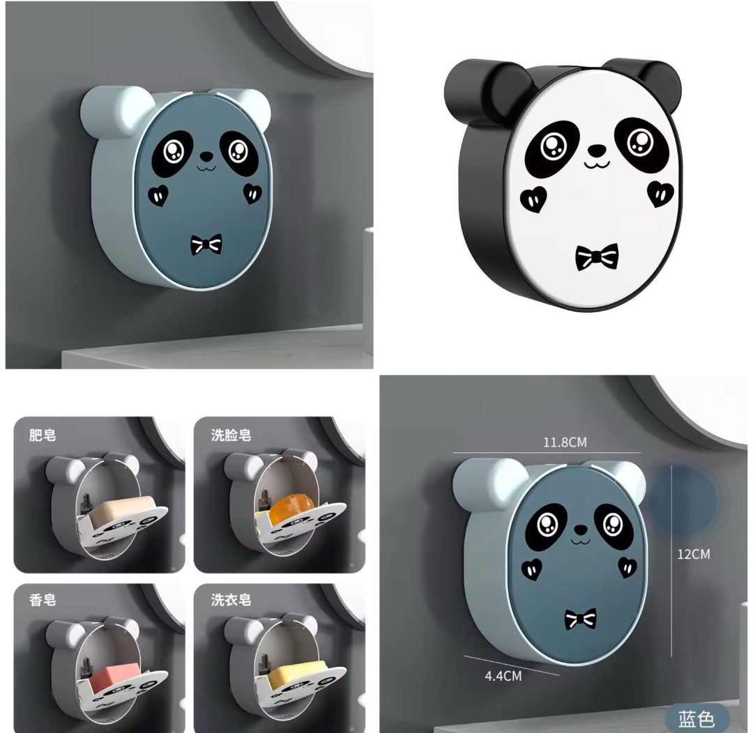 Wall Mounted Cute Panda Soap Dish Holder  – Punch-Free Plastic Soap Box Rack for Bathroom & Kitchen Storage (Random color)