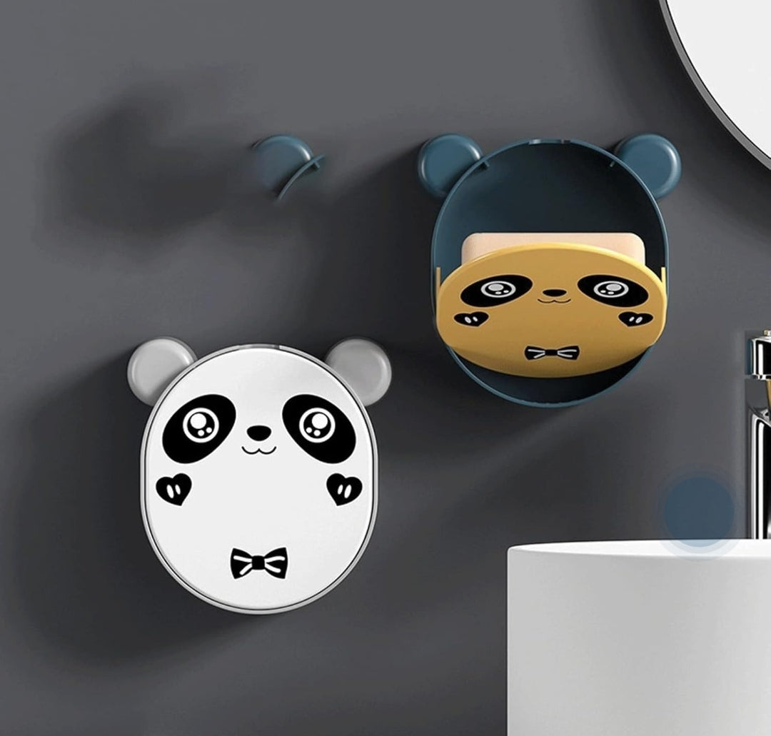 Wall Mounted Cute Panda Soap Dish Holder  – Punch-Free Plastic Soap Box Rack for Bathroom & Kitchen Storage (Random color)