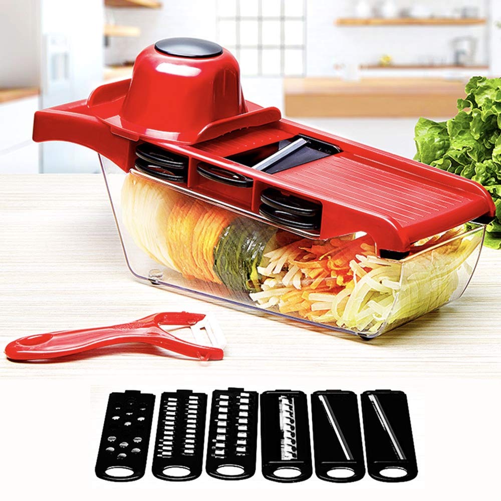 10 in 1 Mandoline Slicer Vegetable Cutter with Stainless Steel Blade Manual Potato Peeler Carrot Cheese Grater Dicer Kitchen Tool-Pink with box